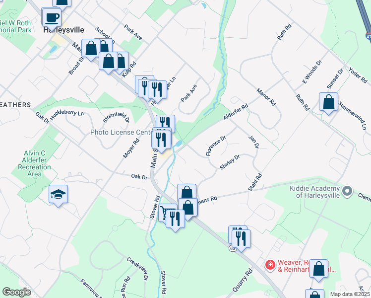 map of restaurants, bars, coffee shops, grocery stores, and more near 298 Alderfer Road in Harleysville