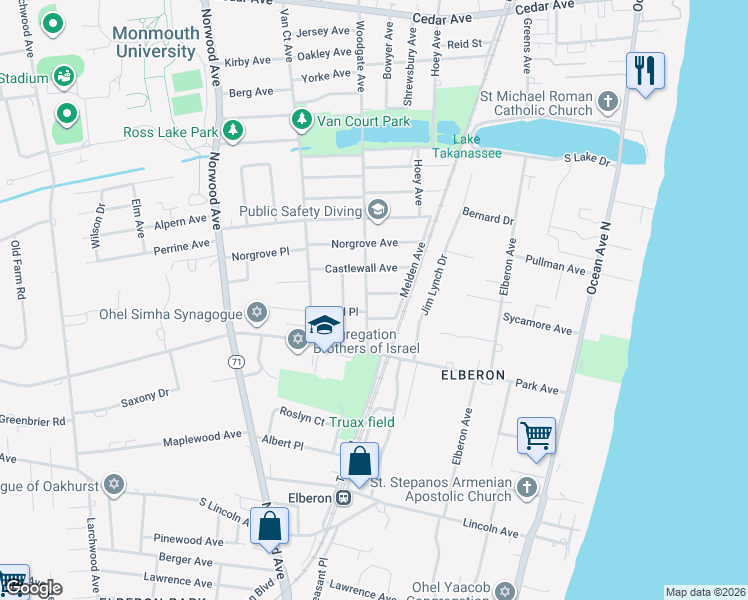 map of restaurants, bars, coffee shops, grocery stores, and more near 980 Woodgate Avenue in Long Branch