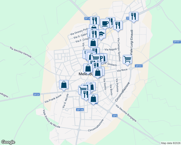 map of restaurants, bars, coffee shops, grocery stores, and more near 31A Via Giuseppe Mazzini in Melendugno