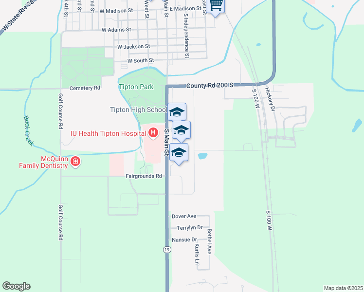 map of restaurants, bars, coffee shops, grocery stores, and more near 817 South Main Street in Tipton