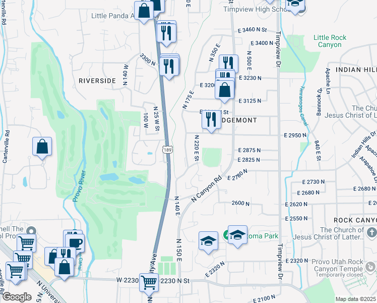 map of restaurants, bars, coffee shops, grocery stores, and more near 2864 North 175 East in Provo