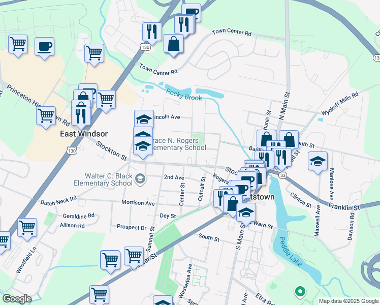 map of restaurants, bars, coffee shops, grocery stores, and more near 311 Grant Avenue in Hightstown