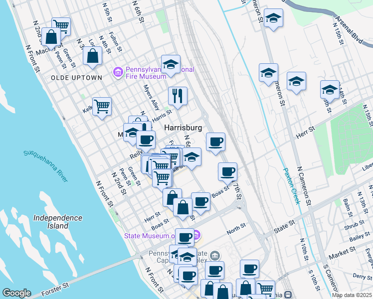 map of restaurants, bars, coffee shops, grocery stores, and more near 1346 North 6th Street in Harrisburg