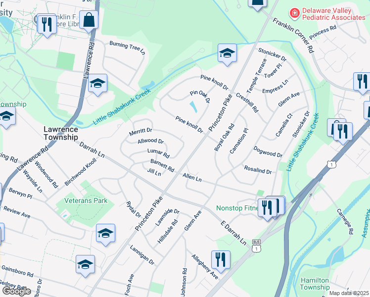 map of restaurants, bars, coffee shops, grocery stores, and more near 45 Lumar Road in Lawrence Township