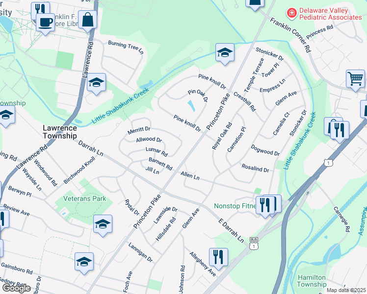 map of restaurants, bars, coffee shops, grocery stores, and more near 45 Lumar Road in Lawrence Township