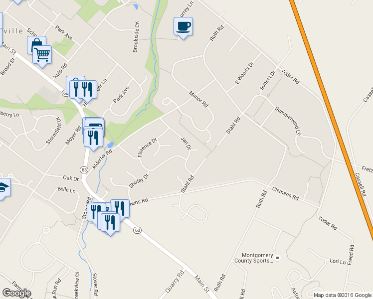 map of restaurants, bars, coffee shops, grocery stores, and more near 254 Jan Drive in Harleysville