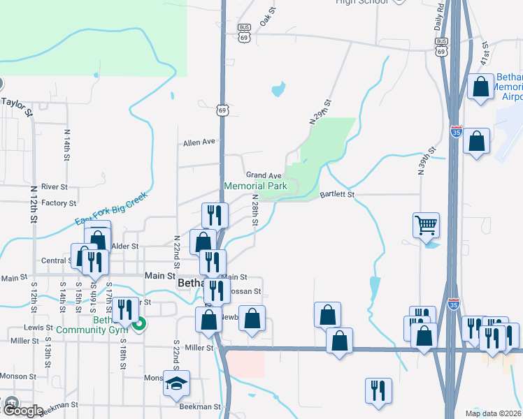 map of restaurants, bars, coffee shops, grocery stores, and more near 2800-2854 Bartlett Street in Bethany