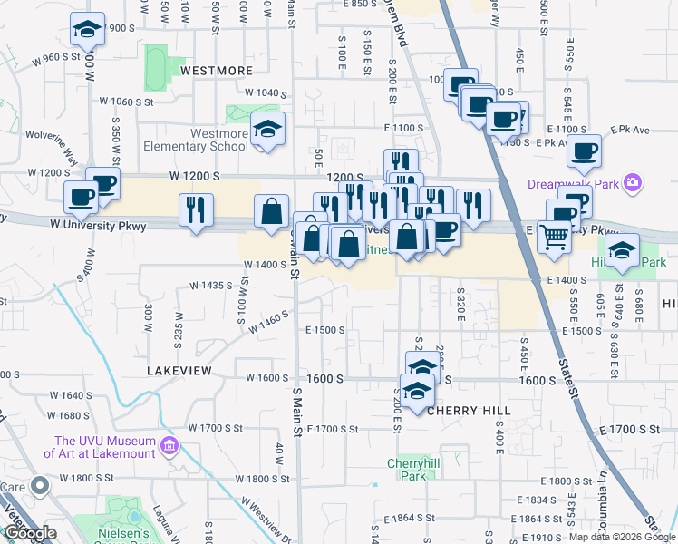 map of restaurants, bars, coffee shops, grocery stores, and more near 130 East University Parkway in Orem