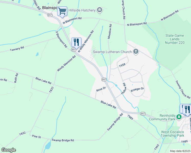 map of restaurants, bars, coffee shops, grocery stores, and more near 475 Pennsylvania 897 in Reinholds