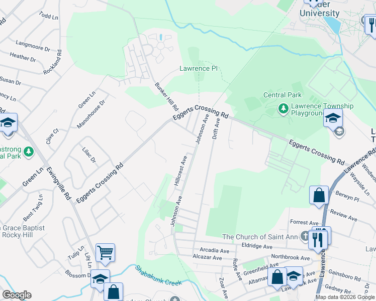 map of restaurants, bars, coffee shops, grocery stores, and more near 11 Locust Avenue in Lawrence Township