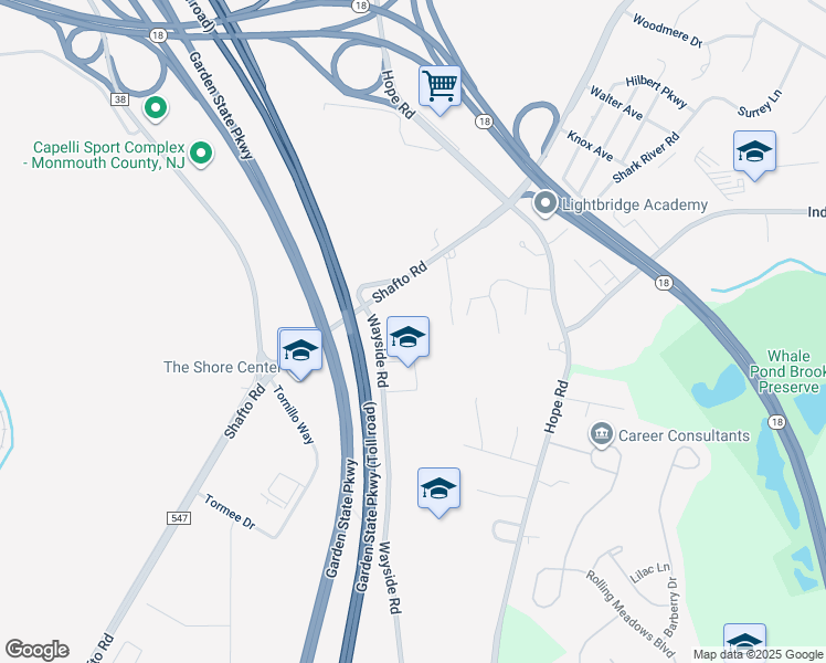 map of restaurants, bars, coffee shops, grocery stores, and more near 1200 Wayside Road in Tinton Falls