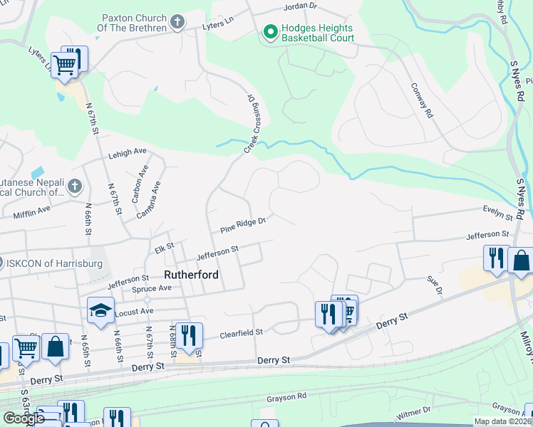map of restaurants, bars, coffee shops, grocery stores, and more near 7096 Oak Ridge Drive in Harrisburg