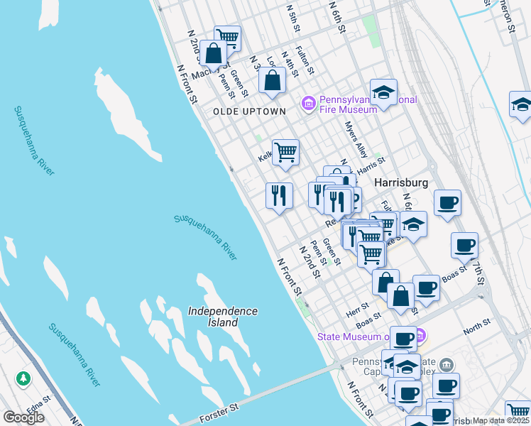 map of restaurants, bars, coffee shops, grocery stores, and more near 1612 North 2nd Street in Harrisburg