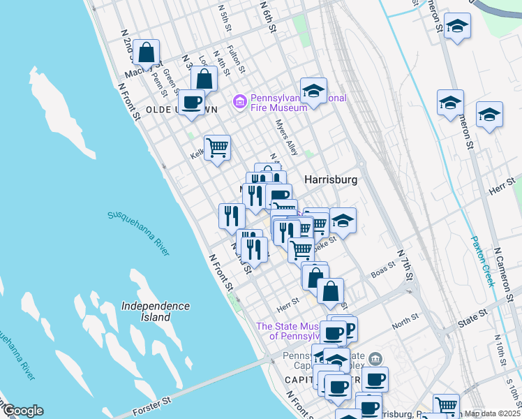 map of restaurants, bars, coffee shops, grocery stores, and more near 1500 North 3rd Street in Harrisburg