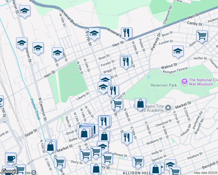 map of restaurants, bars, coffee shops, grocery stores, and more near 1724 State Street in Harrisburg
