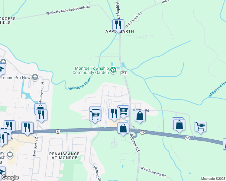 map of restaurants, bars, coffee shops, grocery stores, and more near 12 Lotus Way in Monroe Township