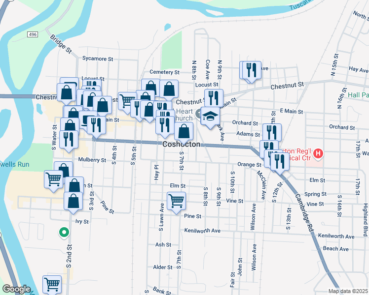 map of restaurants, bars, coffee shops, grocery stores, and more near 212 South 7th Street in Coshocton
