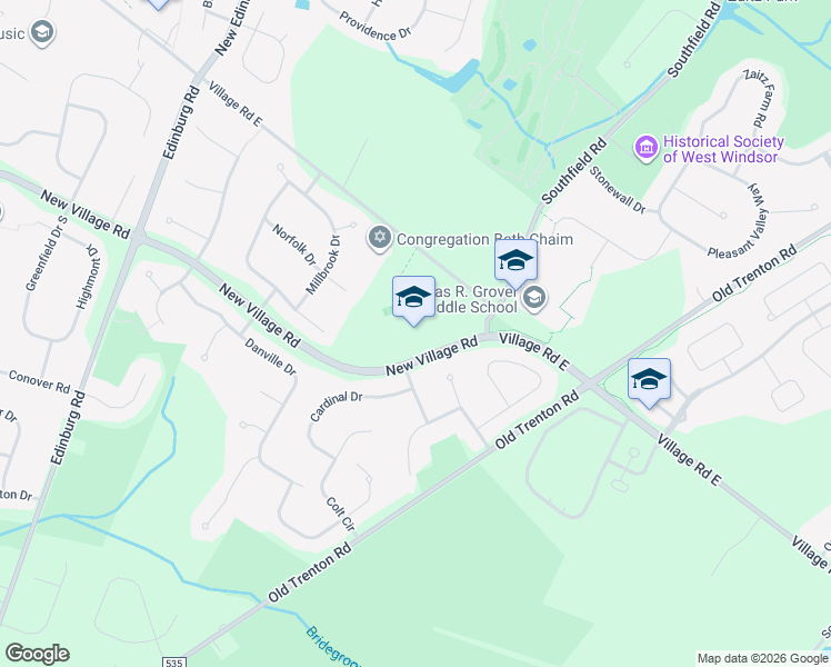 map of restaurants, bars, coffee shops, grocery stores, and more near 601 New Village Road in West Windsor Township