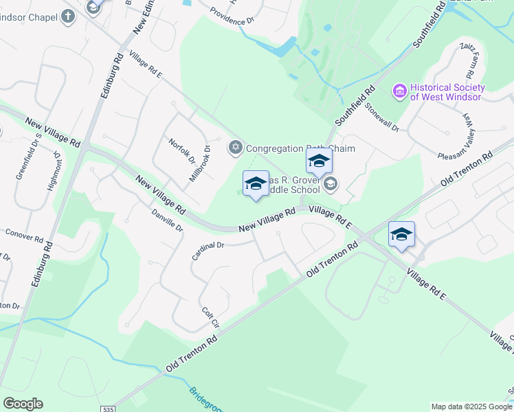 map of restaurants, bars, coffee shops, grocery stores, and more near 601 New Village Road in West Windsor Township