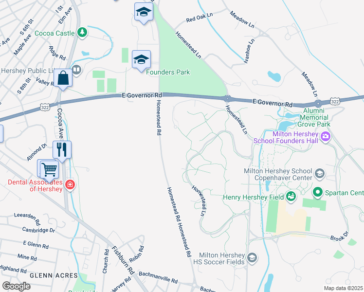 map of restaurants, bars, coffee shops, grocery stores, and more near 451 Sand Hill Road in Hershey