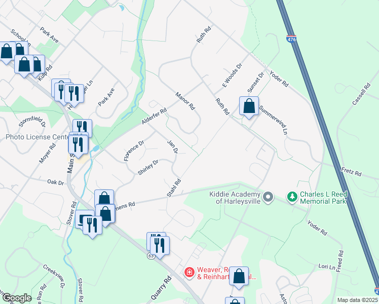 map of restaurants, bars, coffee shops, grocery stores, and more near 187 Michele Way in Harleysville