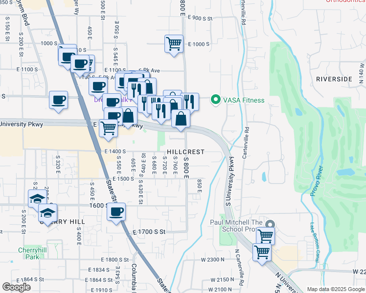 map of restaurants, bars, coffee shops, grocery stores, and more near 1370 South 800 East in Orem