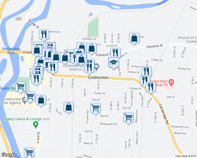 map of restaurants, bars, coffee shops, grocery stores, and more near 701 Walnut Street in Coshocton