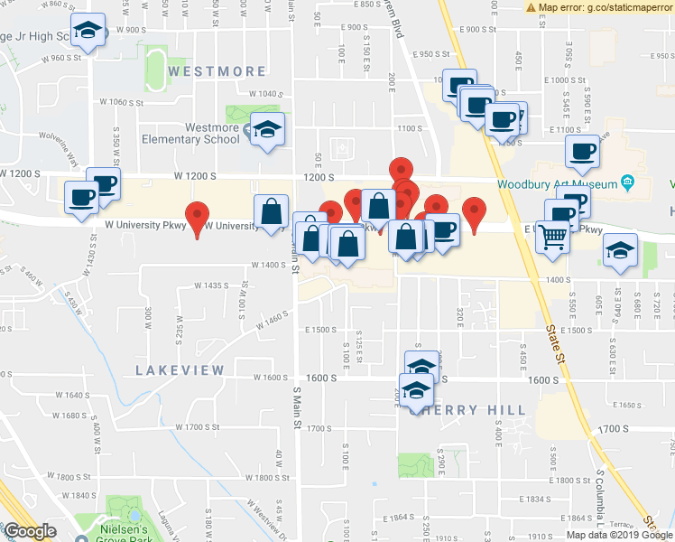 map of restaurants, bars, coffee shops, grocery stores, and more near 130 East University Parkway in Orem