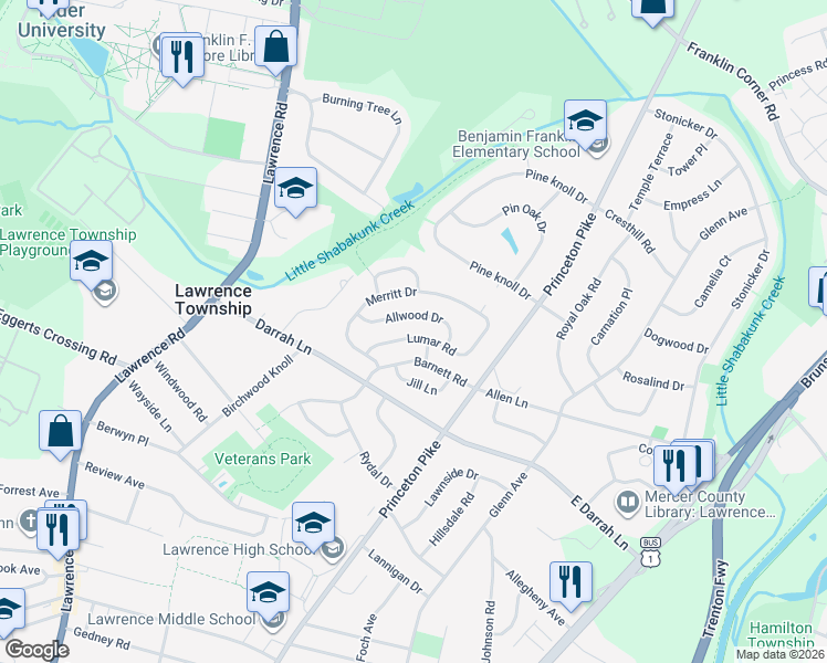 map of restaurants, bars, coffee shops, grocery stores, and more near 16 Lumar Road in Lawrence Township
