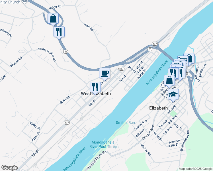 map of restaurants, bars, coffee shops, grocery stores, and more near in West Elizabeth
