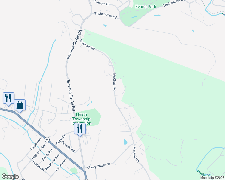 map of restaurants, bars, coffee shops, grocery stores, and more near 251 McChain Road in Finleyville