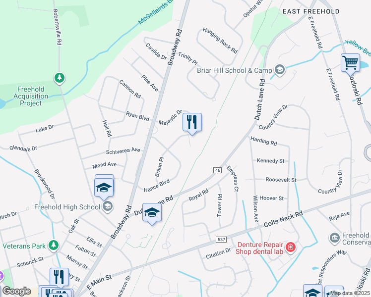 map of restaurants, bars, coffee shops, grocery stores, and more near 4 Albert Court in Freehold