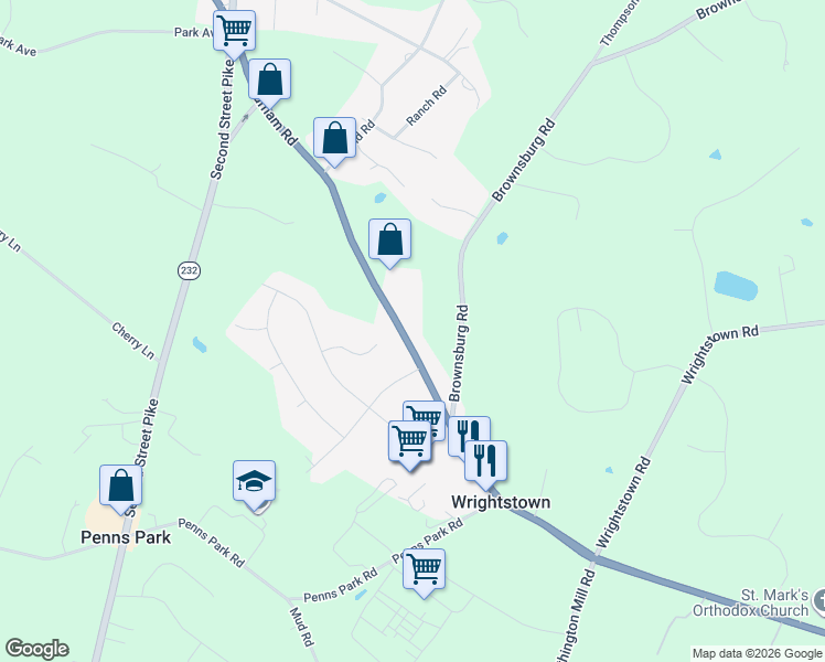 map of restaurants, bars, coffee shops, grocery stores, and more near 640 Durham Road in Newtown