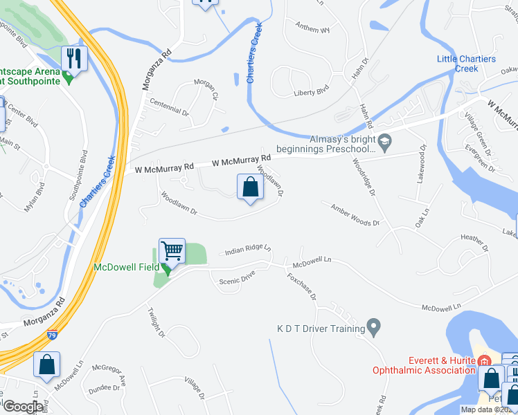 map of restaurants, bars, coffee shops, grocery stores, and more near 1058 Woodlawn Drive in Canonsburg