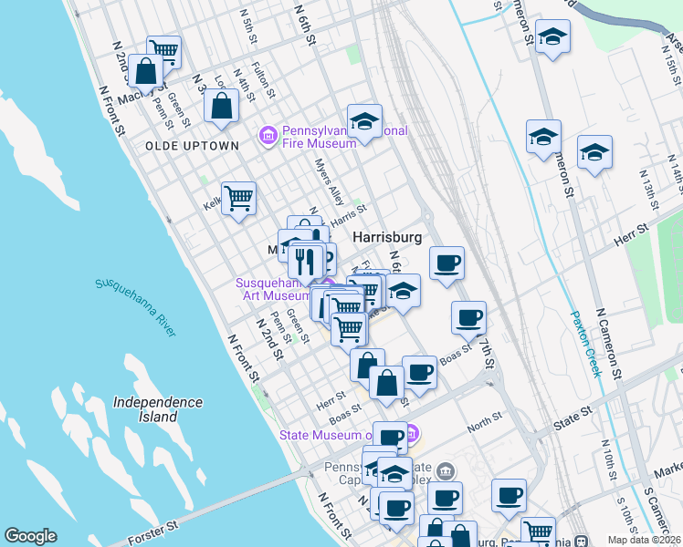 map of restaurants, bars, coffee shops, grocery stores, and more near 349 Reily Street in Harrisburg