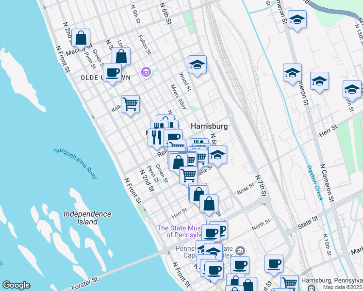 map of restaurants, bars, coffee shops, grocery stores, and more near 331 Reily Street in Harrisburg