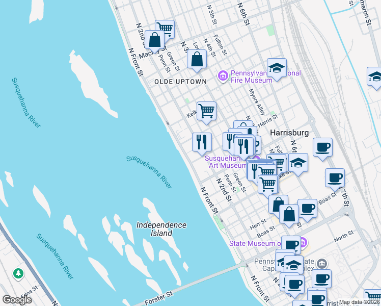 map of restaurants, bars, coffee shops, grocery stores, and more near 1613 North Front Street in Harrisburg