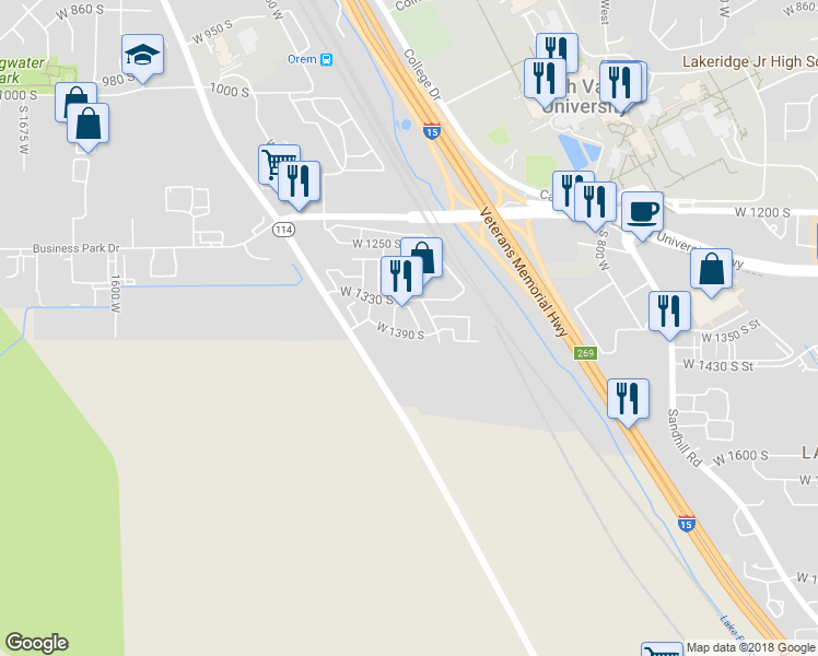 map of restaurants, bars, coffee shops, grocery stores, and more near 1381 South 1110 West Street in Orem