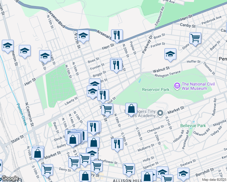 map of restaurants, bars, coffee shops, grocery stores, and more near 1811 State St in Harrisburg