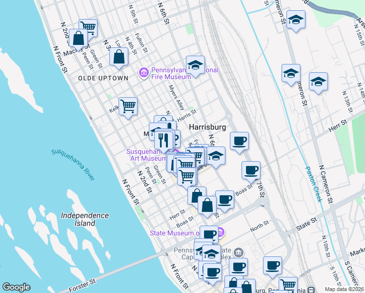 map of restaurants, bars, coffee shops, grocery stores, and more near 349 Reily Street in Harrisburg