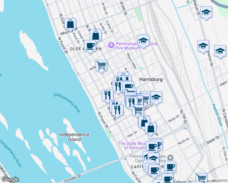 map of restaurants, bars, coffee shops, grocery stores, and more near 1514 Susquehanna Street in Harrisburg