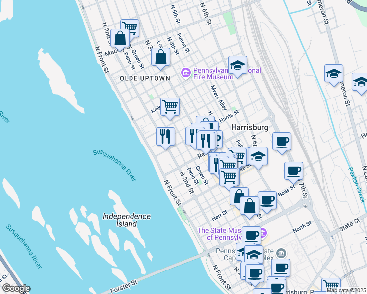 map of restaurants, bars, coffee shops, grocery stores, and more near 211 Harris Street in Harrisburg
