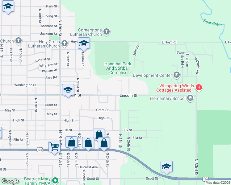 map of restaurants, bars, coffee shops, grocery stores, and more near 2420 Lincoln Street in Beatrice