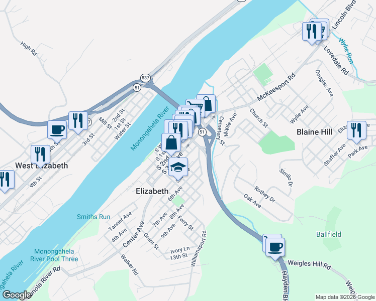 map of restaurants, bars, coffee shops, grocery stores, and more near 211 Plum Street in Elizabeth