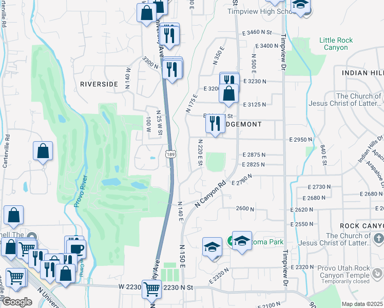 map of restaurants, bars, coffee shops, grocery stores, and more near 2880 North 175 East in Provo