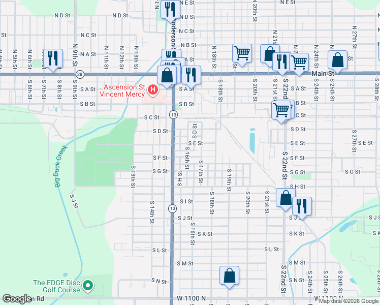 map of restaurants, bars, coffee shops, grocery stores, and more near 615 South 16th Street in Elwood