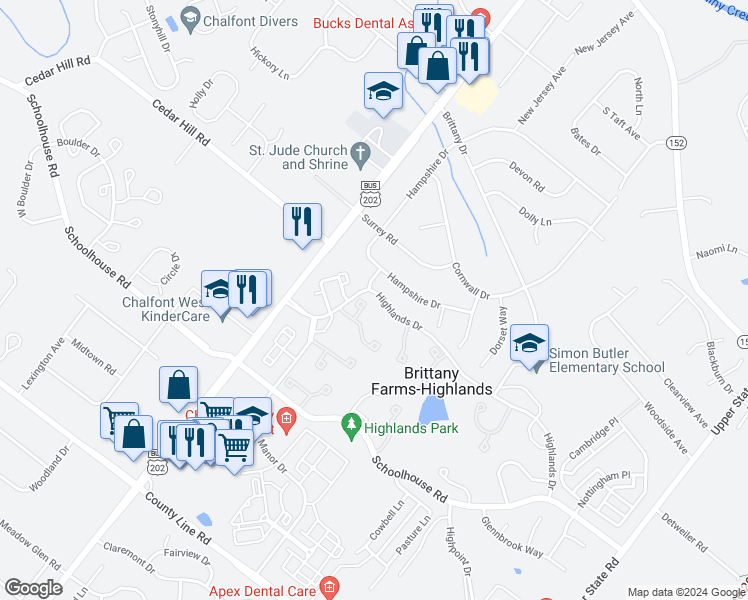 map of restaurants, bars, coffee shops, grocery stores, and more near 47 Fair Isle Circle in Chalfont