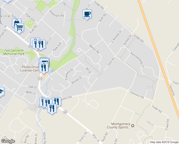 map of restaurants, bars, coffee shops, grocery stores, and more near 256 Jan Drive in Harleysville