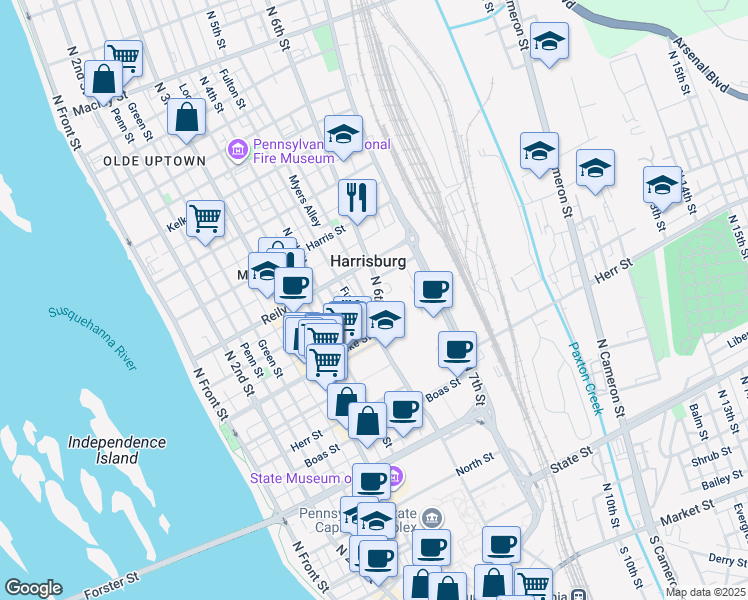 map of restaurants, bars, coffee shops, grocery stores, and more near 1346 North 6th Street in Harrisburg