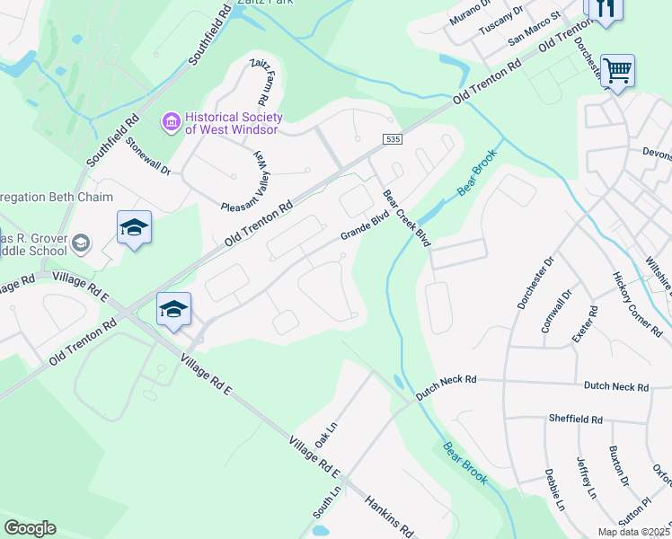 map of restaurants, bars, coffee shops, grocery stores, and more near 26 Rainflower Lane in West Windsor Township